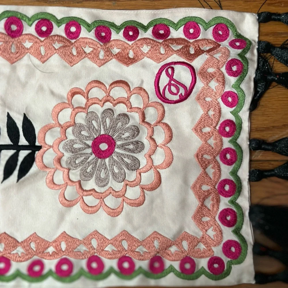 Temperley London Embroidered Floral Tassel Scarf Wrap Pink Black 75